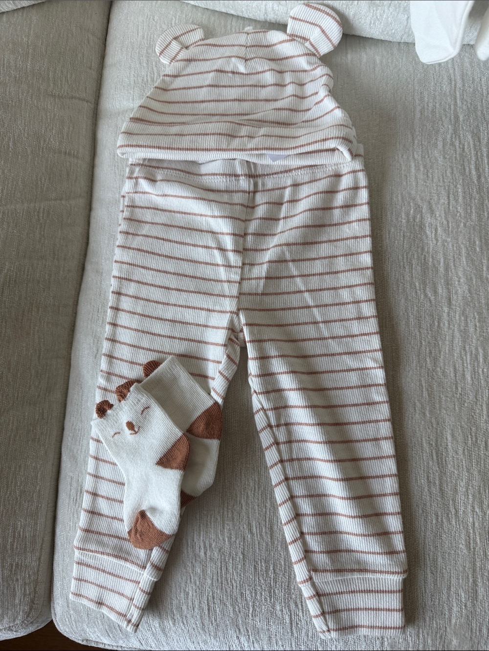 Carter's Cream and Brown Striped Hat & Pants Set with Animal Socks